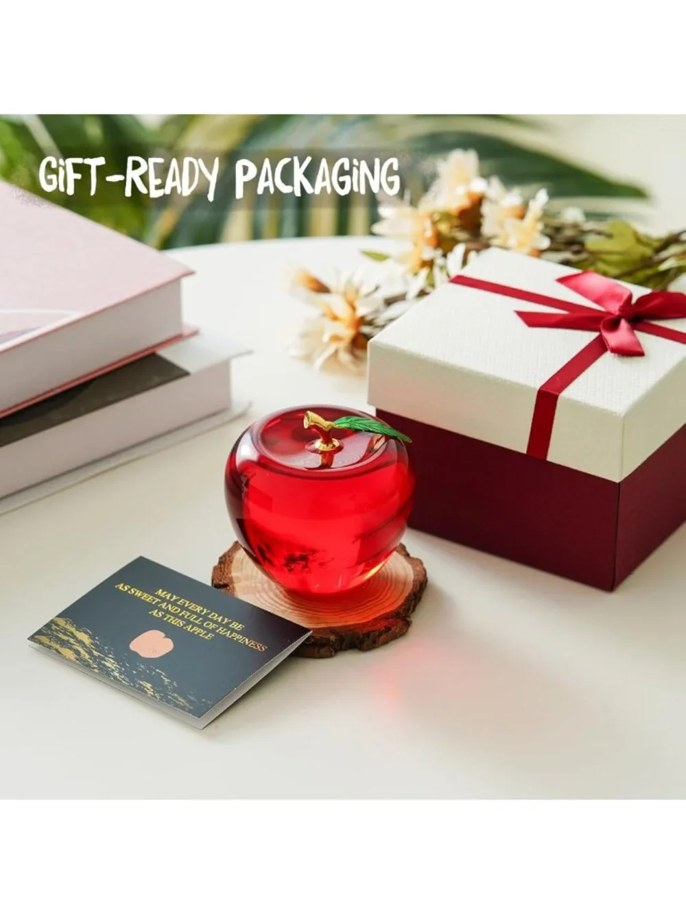 Elegant Crystal Apple Paperweight - Clear Glass Decor with Gold Stem, Perfect